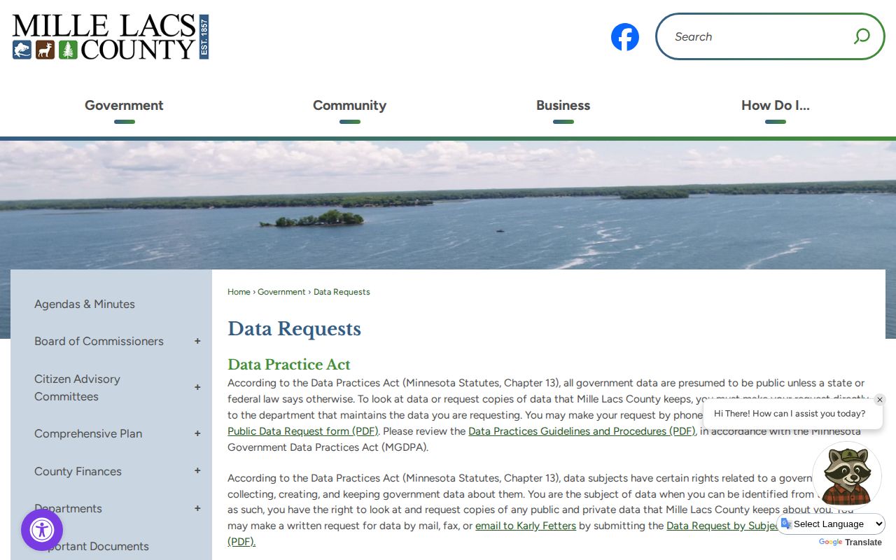 Mille Lacs County release record data request page
