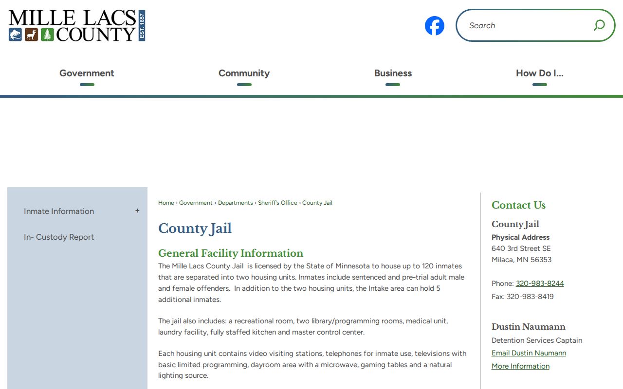 Mille Lacs County Jail release contact and facility details