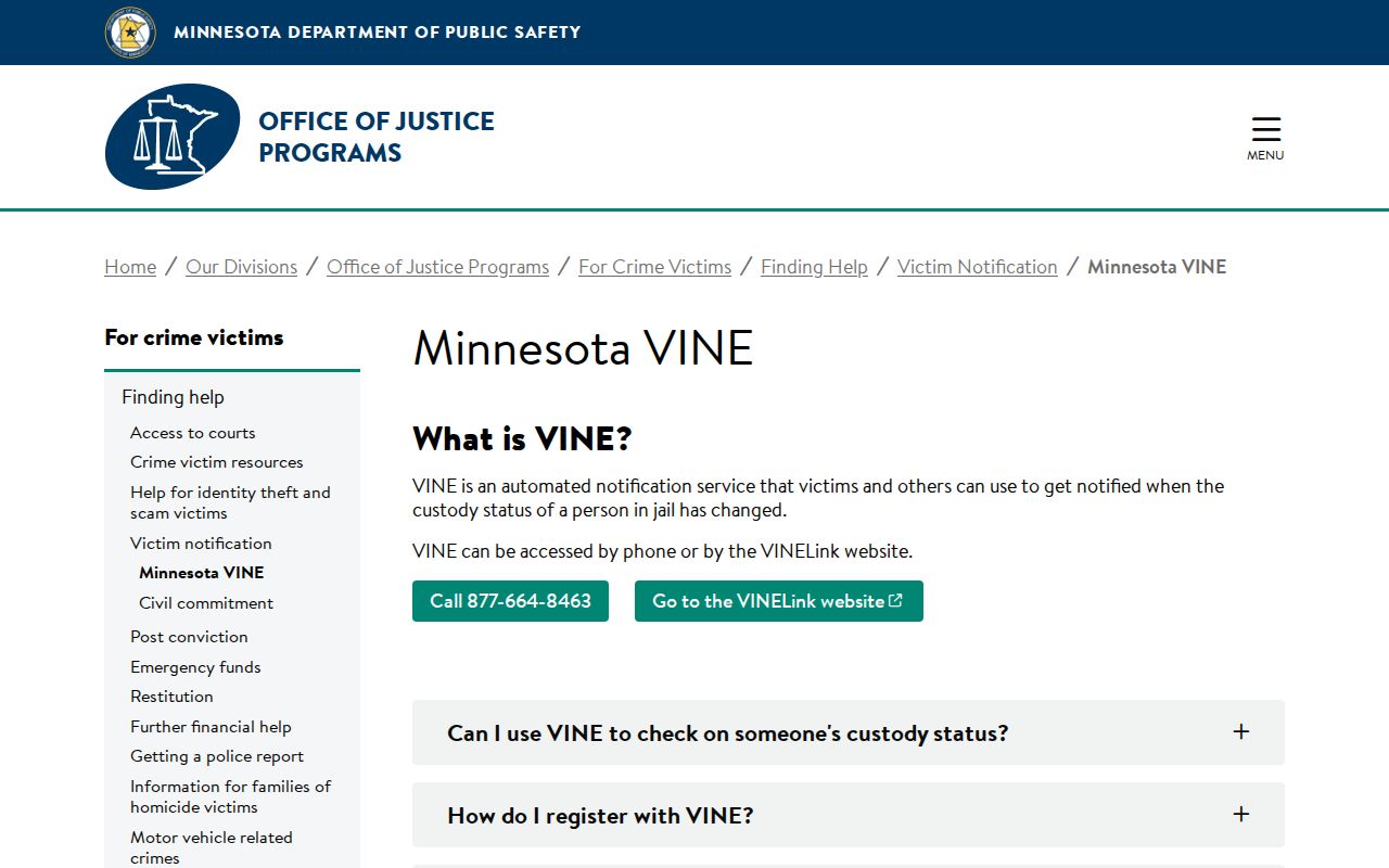 Official Minnesota VINE information for a Mille Lacs County VINELink release check